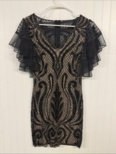 Lulu's Black Beaded Mini Dress with Nude Lining and Flutter Sleeves picture