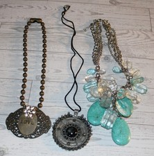 STATEMENT NECKLACES BOHO TURQUOISE SILVER TONE BLACK CHORD BEADED VTG STYLE picture