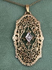 Vintage 1/20 12K Gold Filled Filigree Pendant Necklace Clear Stones Friedmans picture