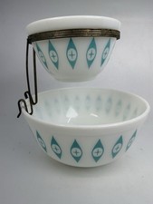 Vintage Pyrex Atomic Eyes Hot N Cold Chip Dip Set 401 403 w/ Metal Bracket picture