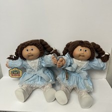 Vintage 1985 Coleco Cabbage Patch Kids Twins Girls Brown Hair Blue Dresses Tags picture