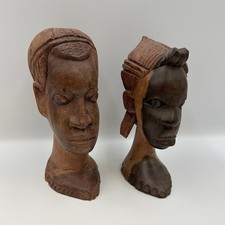 Vintage Hand Carved Solid Wood African Man Woman Heads Busts Sculptures Tribal picture
