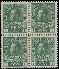 1915 CANADA WAR TAX STAMPS 1C GREEN, WELL CENTERED BLOCK OF 4, NH UN.#MR1 picture