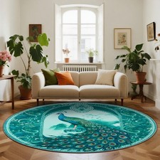 FLYRUGGO Round 5ft Rug with Peacock, Cute Animal 5 ft Round, Teal Peacock picture