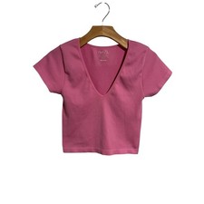 Rue 21 Ribbed V-Neck Crop Top Womens Size Medium Pink Casual Spring Blouse Shirt picture