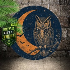 Spooky Owl Round Metal Sign Vintage Halloween Night Forest Wall Art 8x8 picture