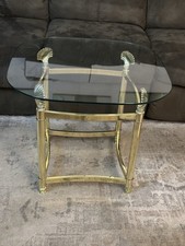 MCM Gold Lacquered Brass Shell Scallops End Table W/ Glass Top Coastal Regency picture
