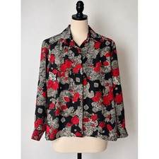 Vintage 90s Whimsygoth Dark Floral Rose Blouse Black Red Lace Print Top Size 10 picture