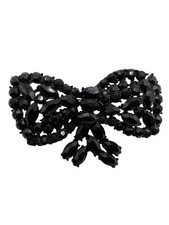 WEISS Signed Vintage Black Rhinestone Bow Brooch Japanned Setting 1950s Goth  picture