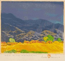 Gustave Baumann Rain in the Mountains 1926 New Mexico Pueblo Color Woodcut picture