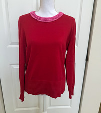 NWT Talbots Women’s Sz M Red Knit Pullover Sweater Crew Neck Beaded Long Sleeve picture
