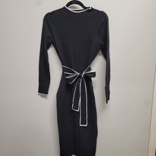 Merokeety Black White Contrast Trim Tie Waist Long Sleeve Knit Sweater Dress S picture