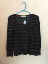 LOFT Petite M Black Long Sleeve Metallic Stripe Shirt NWT picture