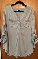 Torrid Women's Plus Gray Solid Tunic Blouse V-Neck Roll Tab Button Woven Rayon picture