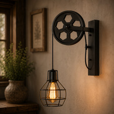 Pulley Wall Sconce, Industrial Wall Lamp, Rustic Loft Light, Vintage Cage picture