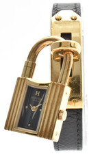 Vintage HERMES Kelly Lock Watch Gold Plated Black Leather Quartz Women's Watch picture