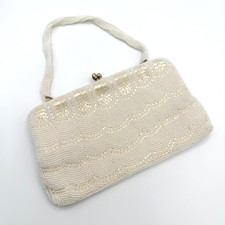 Vintage White Beaded Evening Purse Handbag Kiss Lock Beaded Handle Mid Century picture