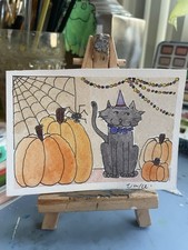 ACEO Pumpkin Black Cat Spiderweb Halloween Watercolor Painting Original Art picture