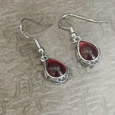 Vintage Red Water Drop Crystal Hollow Silver Plated Dangle Earrings for Women picture