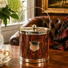  Wonderful Antique English Wood Biscuit Barrel Jar with Lid Silverplate Fittings picture