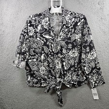 NEW Calessa Shirt Top Women XL Tie Front Floral Print Button Up Black White picture