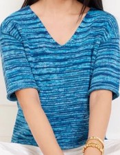 Talbots V-Neck Sweater P L Space Dye Blue Cotton Elbow Sleeve Coastal NEW TAGS picture