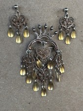 Vintage Norwegian Sterling Silver Solje Sunny Dangly Brooch Pin & Earring Set picture