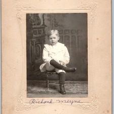 ID'd c1900s Waverly Iowa Cabinet Card Photo Boy Richard Meyne White Suit Mueller picture