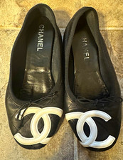 CHANEL Women’s Black Quilted Leather Ballet Flats White Logo Bow EU 39 US 8 picture