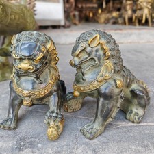 1 Pair Fengshui Guardion Fu Foo Dogs Lion Statue Antique old Bronze Lions Door picture