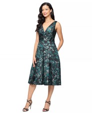 Alex Evenings Petite Cocktail Dress 8P Black Green Floral Metallic Pleated NWT picture