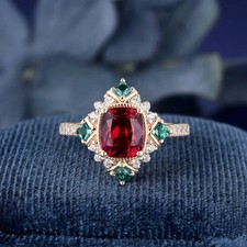 3.10 Ct Cushion Cut Natural Red Ruby & Diamond Wedding Ring 14K Yellow Gold picture