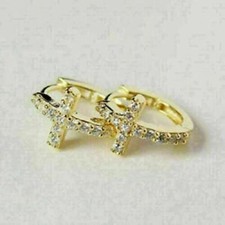 2.3Ct Round Lab-Created Diamond Men Cross  Hoop Earrings 14K Yellow Gold Plated picture