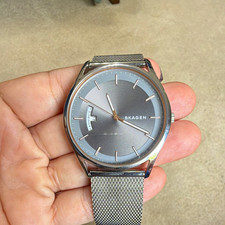 Skagen Quartz Analog Gray Concentric Dial Silver Mesh Band Day Indicator Watch picture