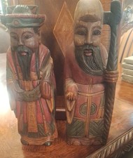 Vintage Set of 2 Oriental  Wood Statue hand made in Thailand  picture