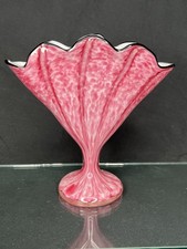 Frank Welz Czech Bohemian Pink/White MURRHINA Cased Glass Fan Vase/ Black Crest picture