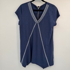 Mod-o-Doc New Navy Slub Cotton Embroidered V-Neck Sharkbite Tunic Top Large picture