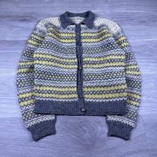 True Vintage 60s Yellow And Gray Wool Cardigan Sweater Boho Retro Size S Womens picture