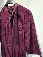 Eloquii Burgundy Floral Lace Pleated Mock Neck Bow Midi Dress 16 picture