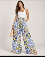 NWT Luisa Positano 100% Linen Lemon Tile Print High Waist Wide Leg Pants Italy picture