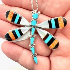 Native American Angus Ahiyite Zuni Sterling Silver Turquoise Dragonfly Necklace picture