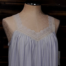 Eileen West Nightgown Womens M Blue Cotton Dobby Stripe Lace Yoke V Neck NWT picture