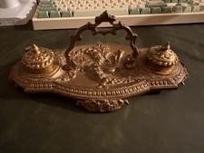 Ornate Brass Double Inkwell Inkstand Desk Set Floral Scroll Hinged Lids picture