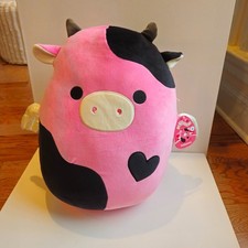 NEW Squishmallows 16” Inch Pollyanna Hot Pink & Black Cow With Heart & Wings NWT picture