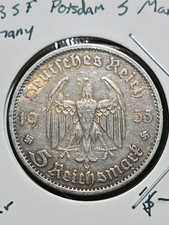 1935 A  Germany 5 Mark Reichsmark Potsdam Garrison  KM#83 Silver .900 Toned picture