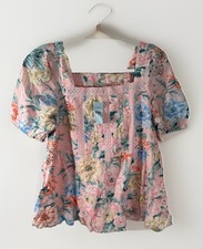 loft top medium Floral Print White Pink Floral Coral And Green BlouseSize M New picture