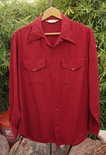 L Vtg 40s 1950s Rayon Gabardine Shirt Rockabilly Loop Collar Flap Pocket Bowling picture