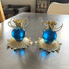 Vintage MCM Lucite Orb Candle Holders - Pair of Blue & Gold Atomic Era picture