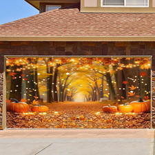 Fall Thanksgiving Garage Door Cover Banner 7X16Ft Golden Maple Leaves Forest Pum picture