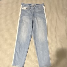 Athleta Sculptek Light Wash Straight Jeans White Side Stripe Stretch Size 4 picture